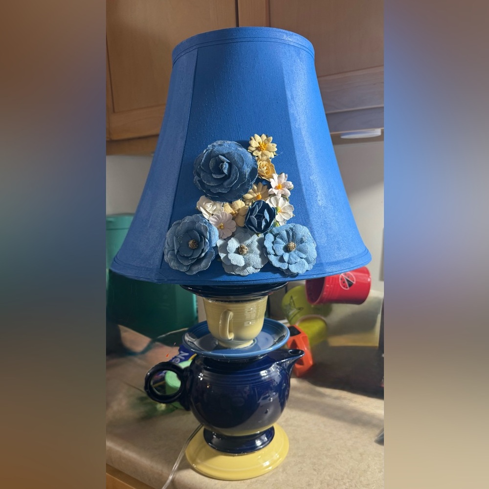 One-of-a-kind handmade Fiestaware teapot lamp